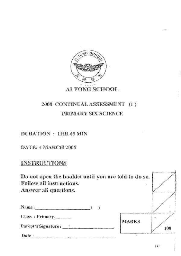 Ai Tong P6 Sci WA1 2008 exam paper PDF preview