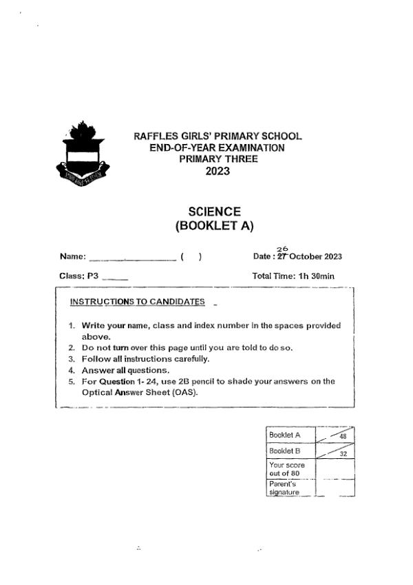 Raffles Girls P3 Sci SA2 2023 exam paper PDF first page preview