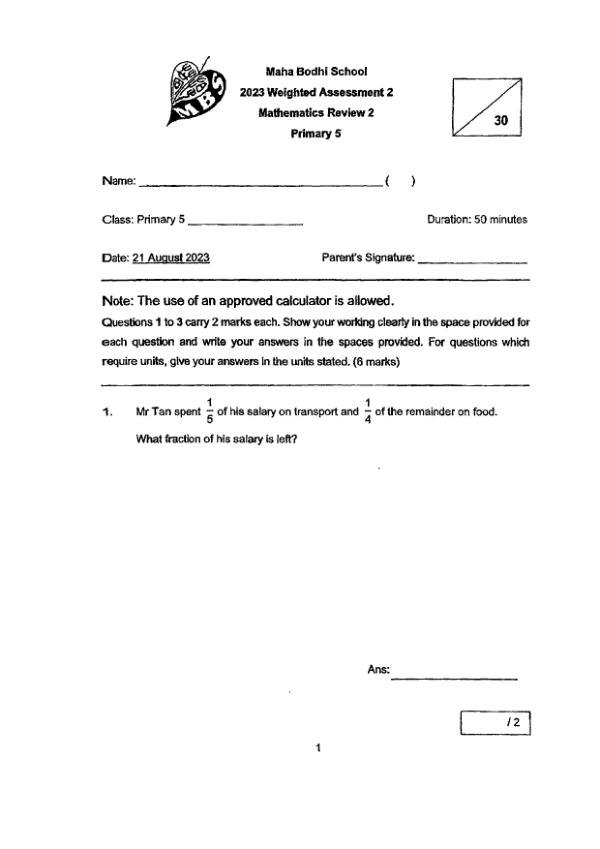 First page preview of P5 Math 2023 WA2 — Maha Bodhi