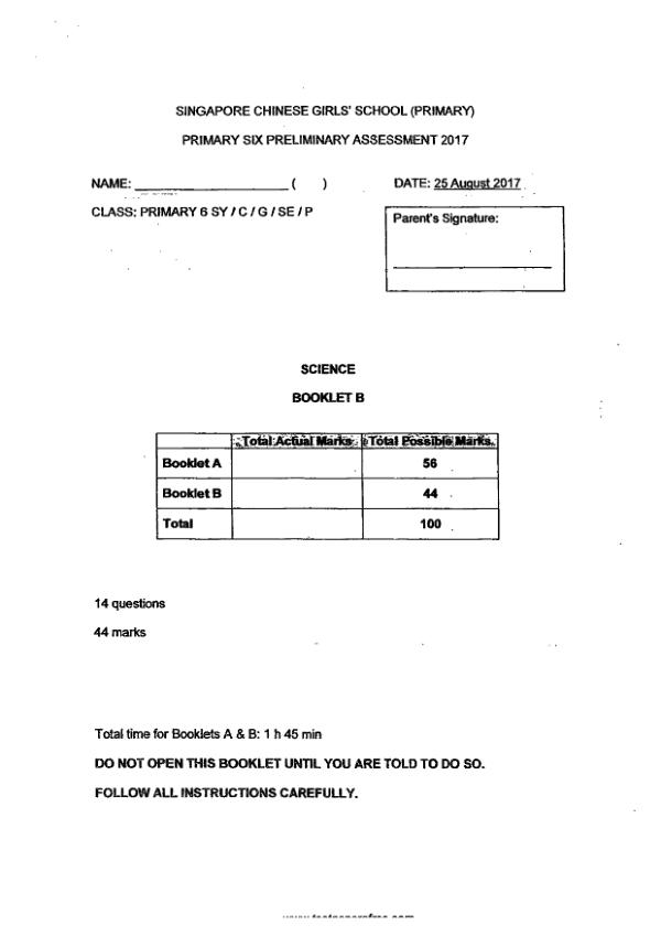 Singapore Chinese Girls P6 Sci SA2 2017 exam paper PDF first page preview