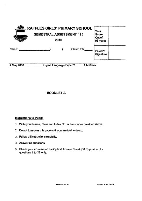Raffles Girls P5 Eng WA2 2016 exam paper PDF first page preview