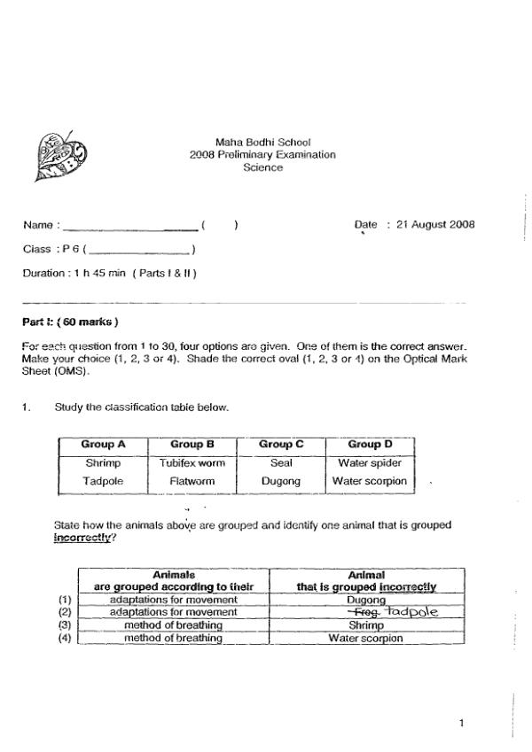 Maha Bodhi P6 Sci SA2 2008 exam paper PDF preview