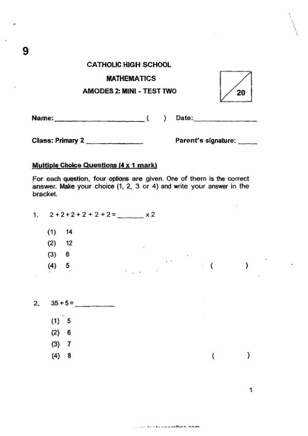 First page preview of P2 Math 2017 WA2 — Catholic High