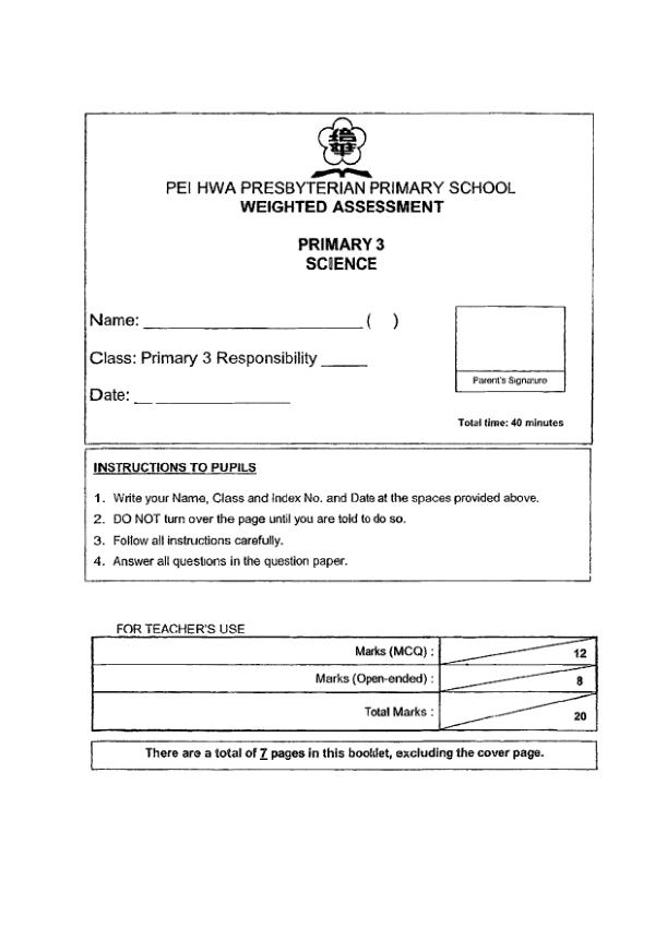 Pei Hwa P3 Sci WA2 2019 exam paper PDF first page preview