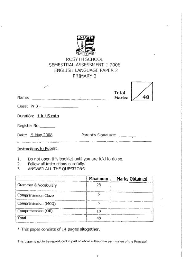 Rosyth P3 Eng WA2 2008 exam paper PDF preview