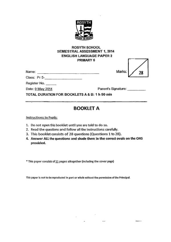 Rosyth P5 Eng WA2 2014 exam paper PDF first page preview