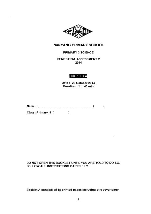 Nanyang P3 Sci SA2 2014 exam paper PDF first page preview