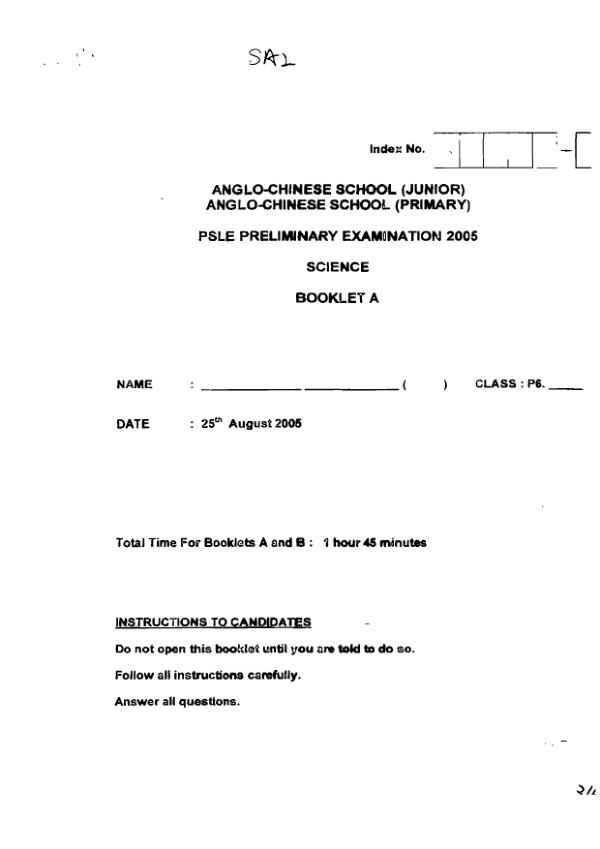 Anglo Chinese P6 Sci SA2 2005 exam paper PDF first page preview