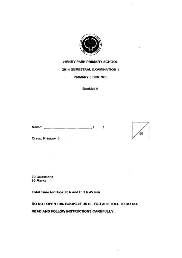 Henry Park P6 Sci WA2 2014 exam paper PDF first page preview
