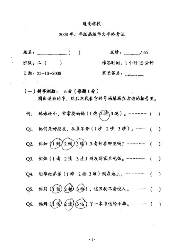 Tao Nan P2 Chi SA2 2008 exam paper PDF first page preview