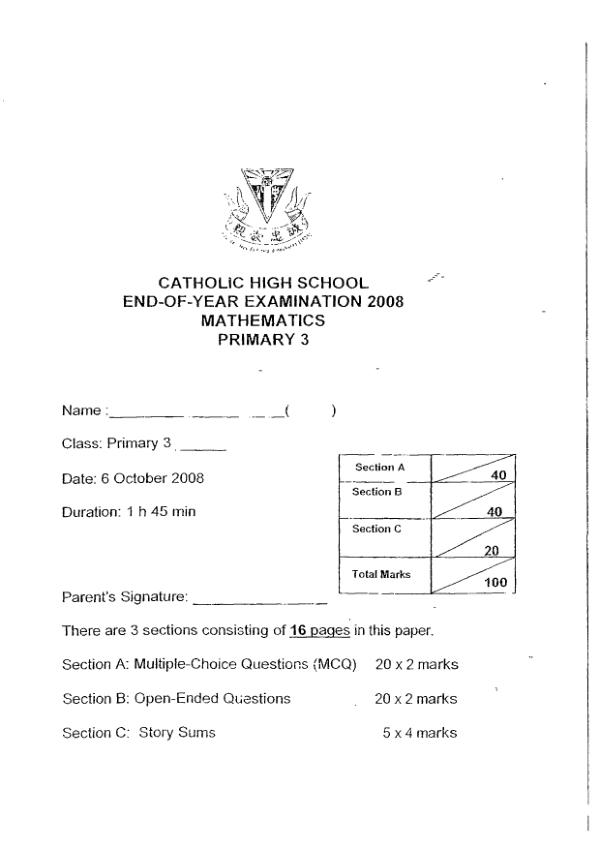 Catholic High P3 Math SA2 2008 exam paper PDF preview
