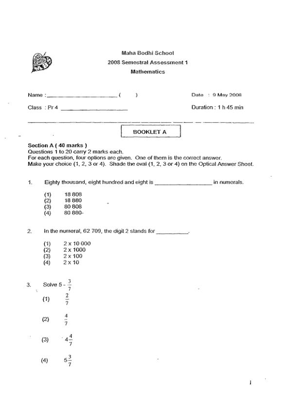 Maha Bodhi P4 Math WA2 2008 exam paper PDF first page preview
