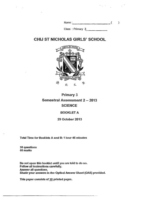 CHIJ P3 Sci SA2 2013 exam paper PDF preview