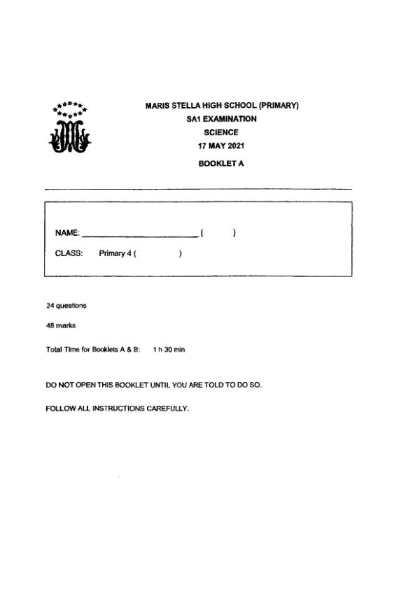 Maris Stella High P4 Sci WA2 2021 exam paper PDF first page preview