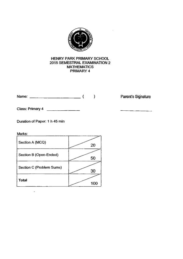 First page preview of P4 Math 2015 SA2 — Henry Park