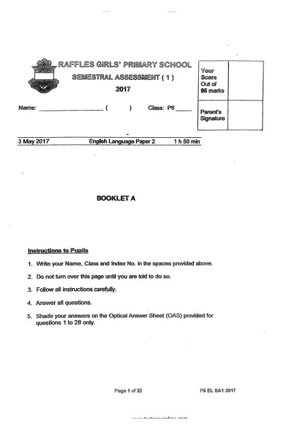 Raffles Girls P6 Eng WA2 2017 exam paper PDF first page preview
