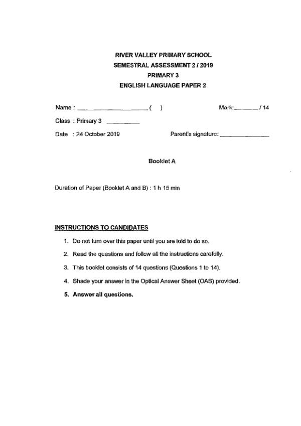 River Valley P3 Eng SA2 2019 exam paper PDF preview