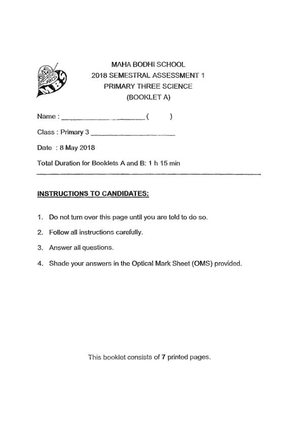 Maha Bodhi P3 Sci WA2 2018 exam paper PDF first page preview