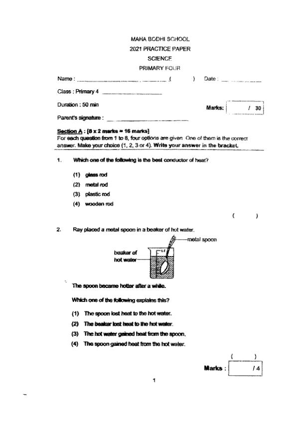 Maha Bodhi P4 Sci WA1 2021 exam paper PDF preview