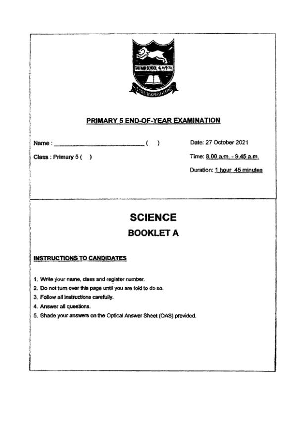 Tao Nan P5 Sci SA2 2021 exam paper PDF preview