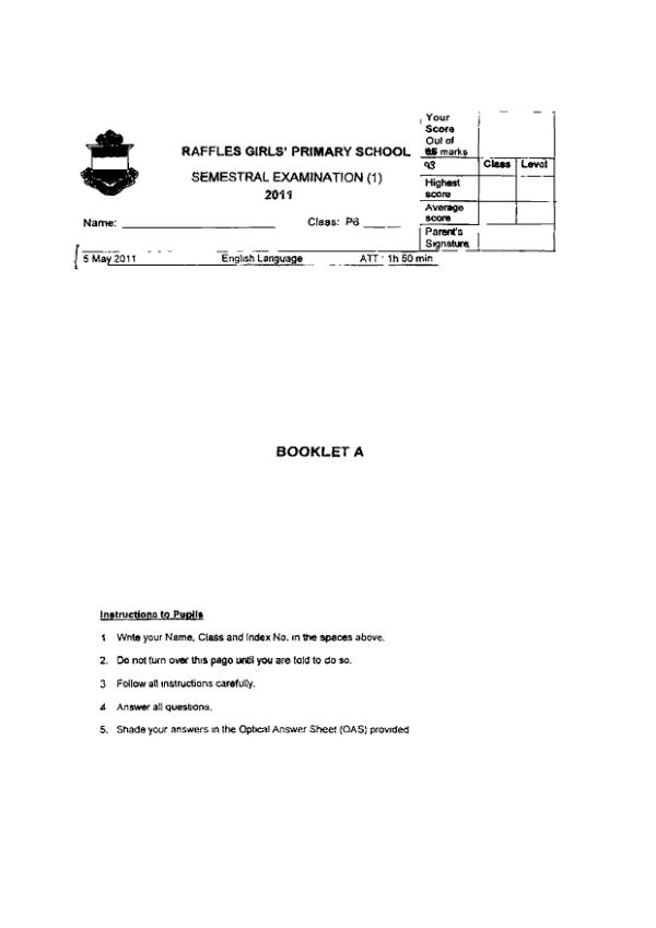 Raffles Girls P6 Eng WA2 2011 exam paper PDF first page preview