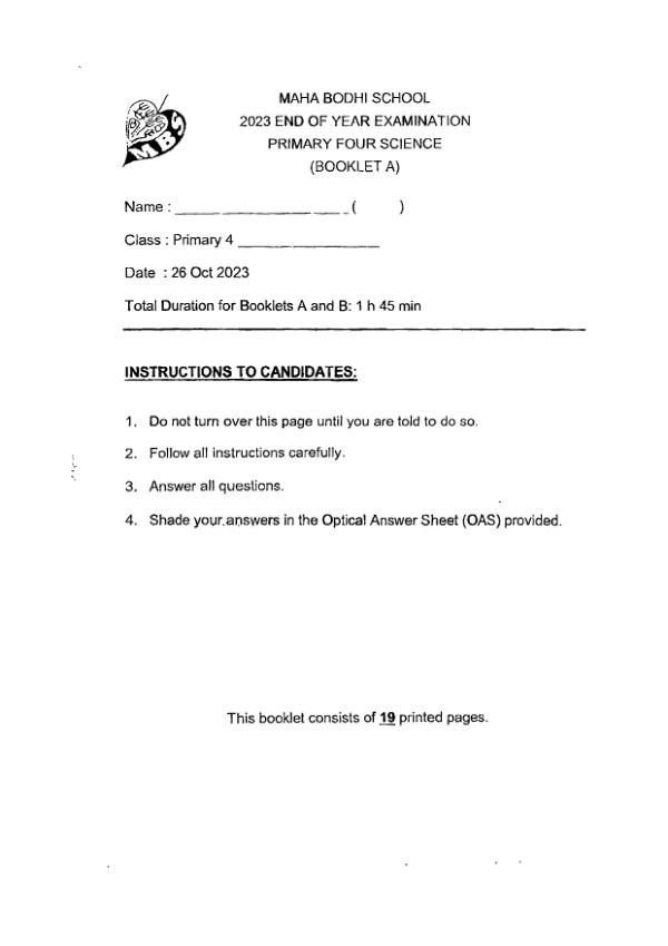 Maha Bodhi P4 Sci SA2 2023 exam paper PDF preview