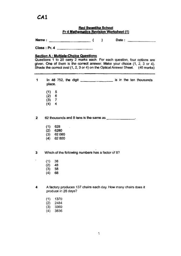 First page preview of P4 Math 2021 WA1 — Red Swastika