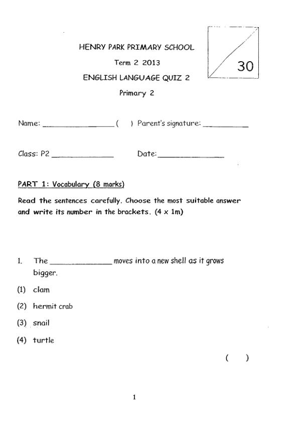 Henry Park P2 Eng WA2 2013 exam paper PDF first page preview