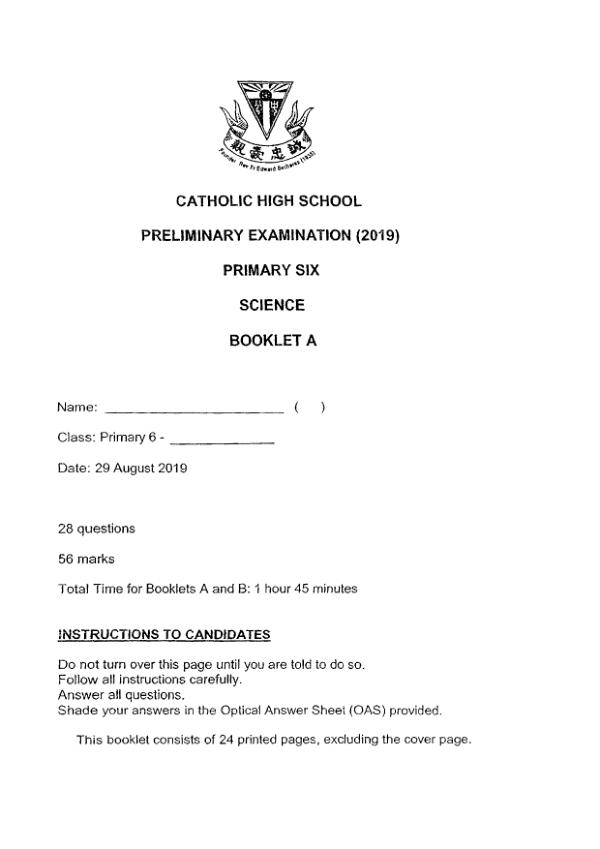 Catholic High P6 Sci SA2 2019 exam paper PDF preview