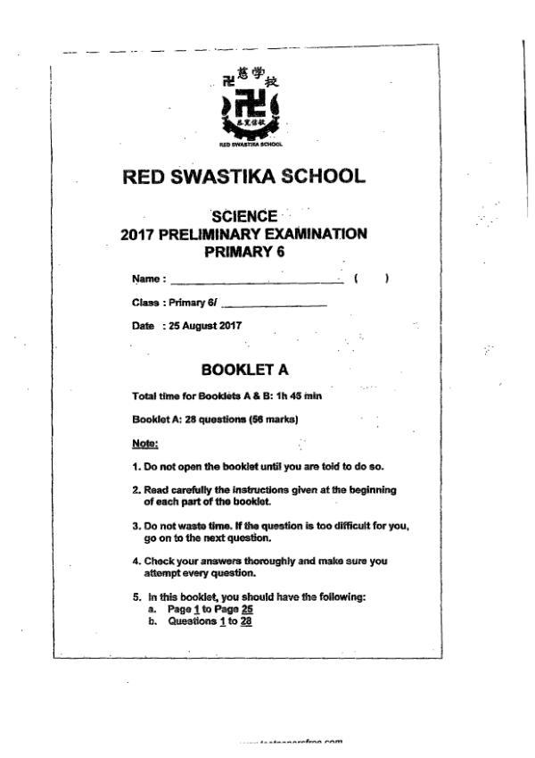 Red Swastika P6 Sci SA2 2017 exam paper PDF preview