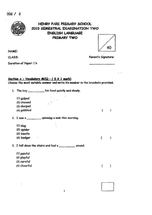 Henry Park P2 Eng SA2 2015 exam paper PDF first page preview
