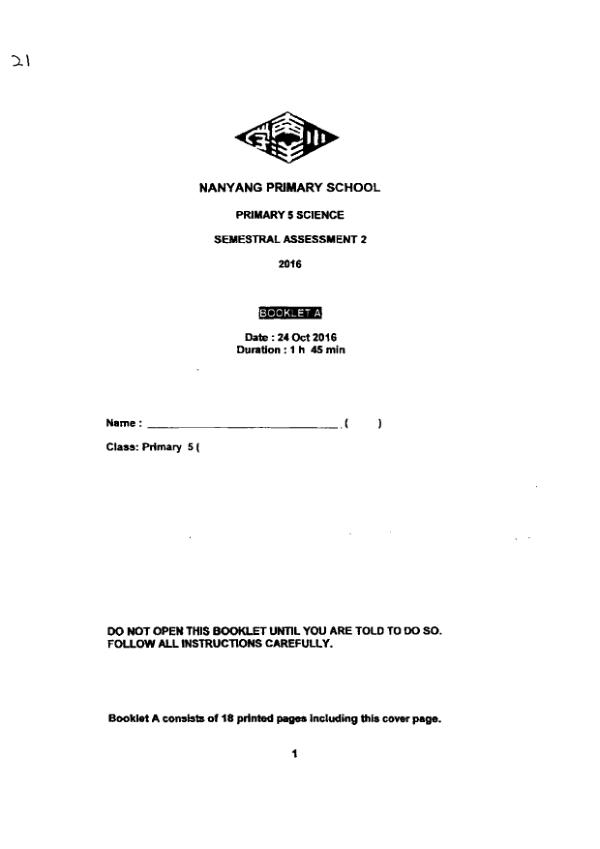 Nanyang P5 Sci SA2 2016 exam paper PDF first page preview