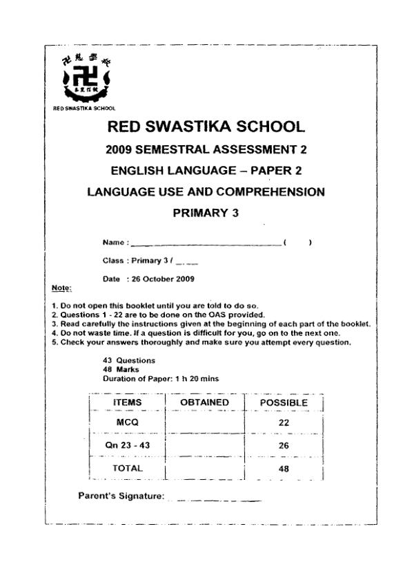 Red Swastika P3 Eng SA2 2009 exam paper PDF preview