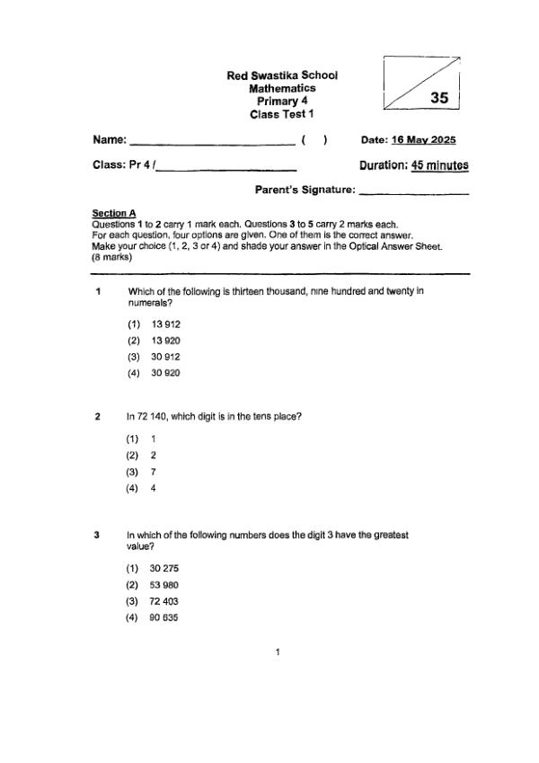First page preview of P4 Math 2025 WA1 — Red Swastika