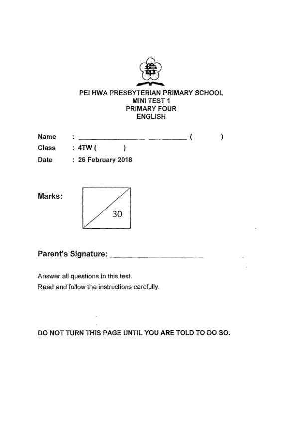 Pei Hwa P4 Eng WA1 2018 exam paper PDF first page preview
