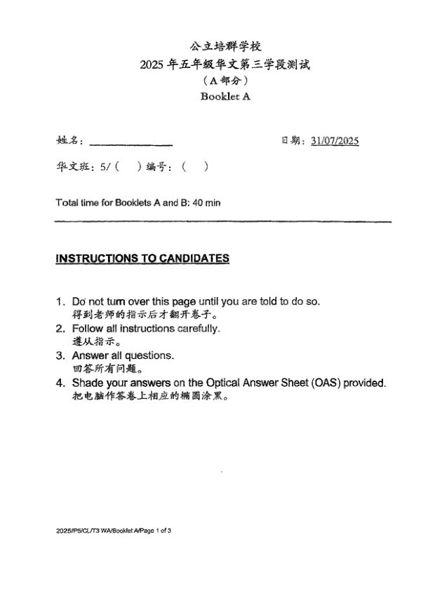 First page preview of P5 Chi 2025 WA3 — Pei Chun