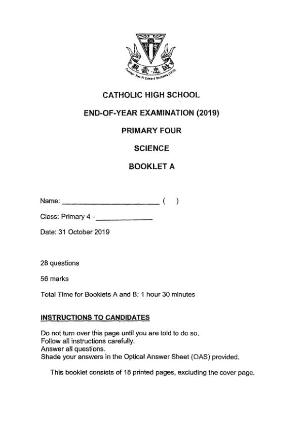 Catholic High P4 Sci SA2 2019 exam paper PDF first page preview