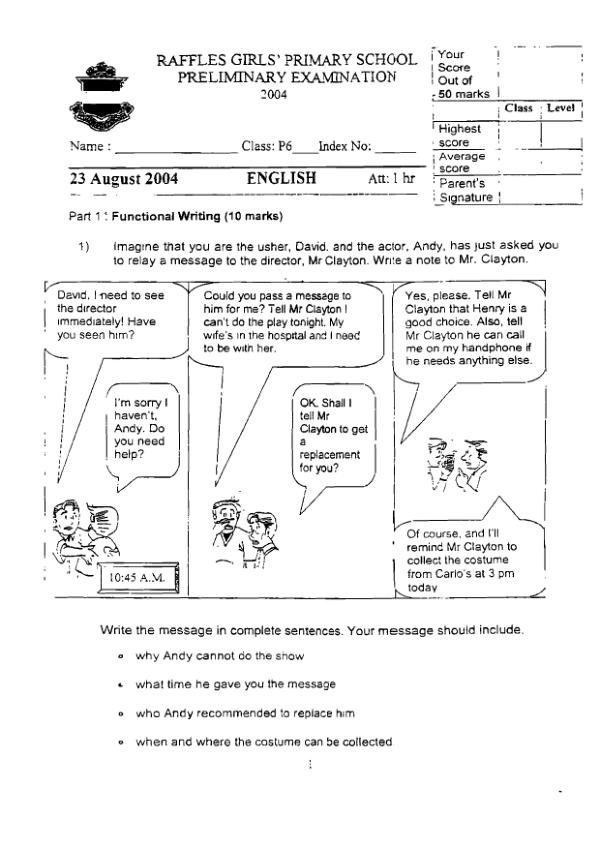 Raffles Girls P6 Eng SA2 2004 exam paper PDF preview