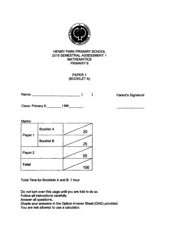 First page preview of P6 Math 2018 WA2 — Henry Park