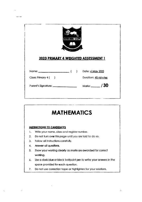 First page preview of P4 Math 2023 WA2 — Tao Nan