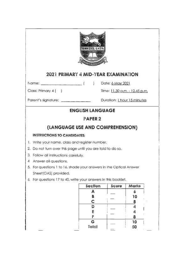 Tao Nan P4 Eng WA2 2021 exam paper PDF first page preview