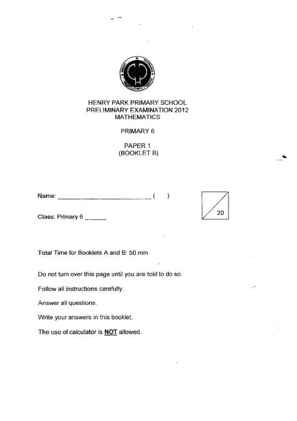 Henry Park P6 Math SA2 2012 exam paper PDF preview