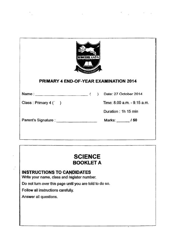 Tao Nan P4 Sci SA2 2014 exam paper PDF first page preview