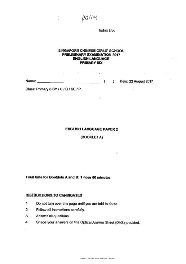 Singapore Chinese Girls P6 Eng SA2 2017 exam paper PDF first page preview