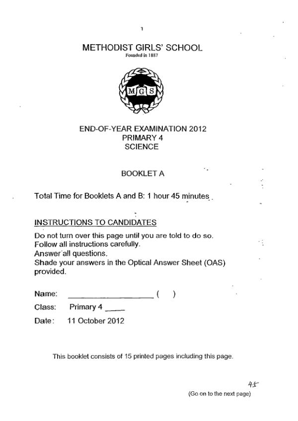 Methodist Girls P4 Sci SA2 2012 exam paper PDF preview
