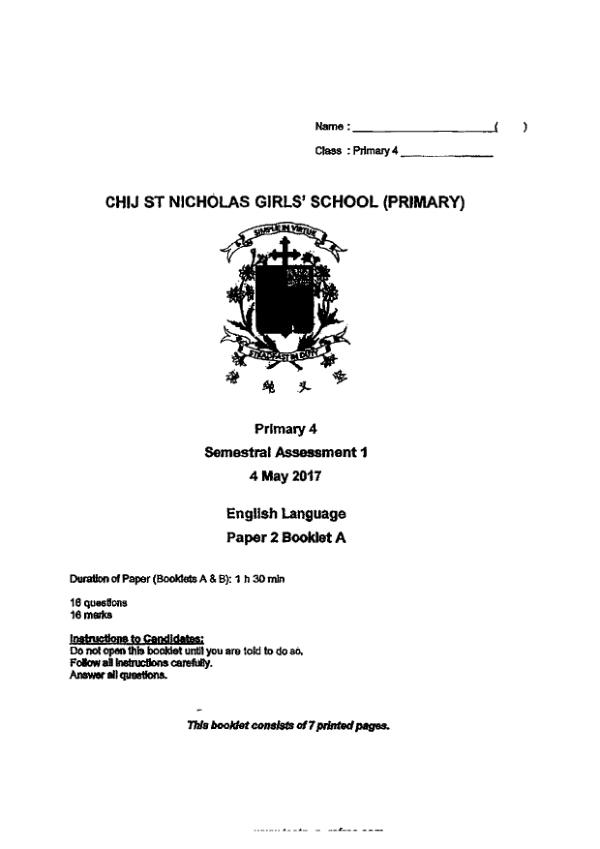 CHIJ P4 Eng WA2 2017 exam paper PDF first page preview
