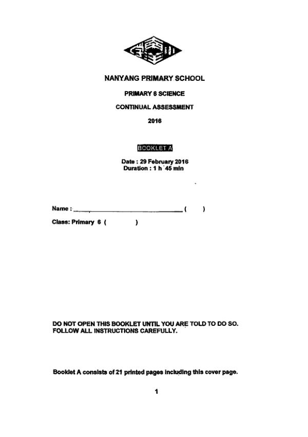 Nanyang P6 Sci WA1 2016 exam paper PDF preview