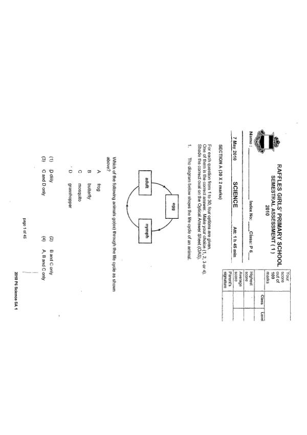 Raffles Girls P6 Sci WA2 2010 exam paper PDF first page preview