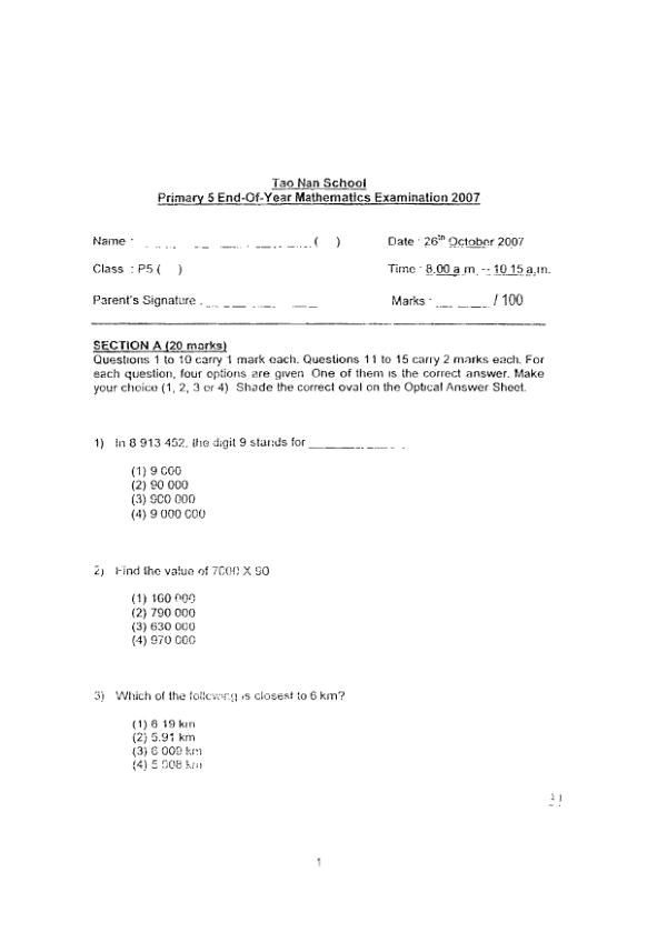 Tao Nan P5 Math SA2 2007 exam paper PDF preview