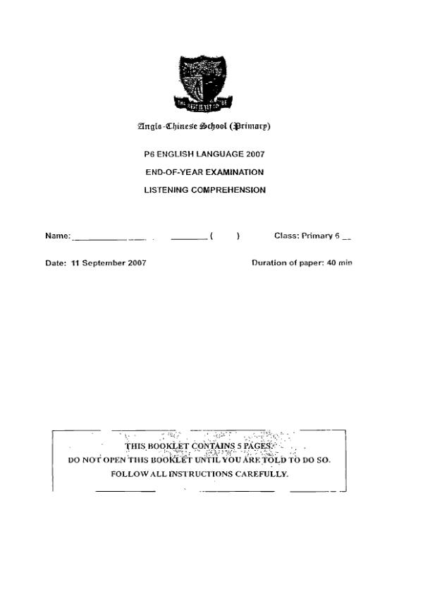 Anglo Chinese P6 Eng SA2 2007 exam paper PDF preview